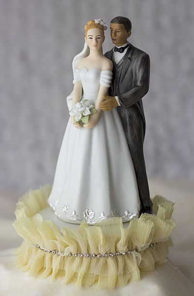 Tulle and Rhinestones Elegant Interracial Wedding Cake Topper 