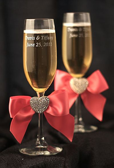 Crystal Heart Ribbon Toasting Glasses