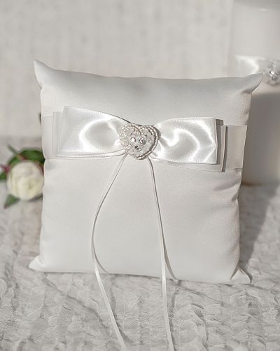 Rhinestone Pearlized Heart Rose Bouquet Wedding Ring Bearer Pillow