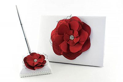 Red and Black Rose Wedding Guestbook and Pen Set