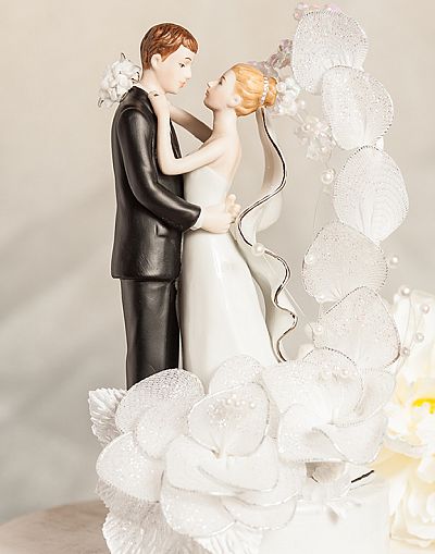 Silver and White Bride and Groom with Vintage Glitter Flower Wedding Cake Topper  