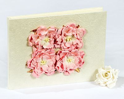 Four Rose Natural Paper Wedding Guestbook - Pink - Burgandy - Off White - Peach