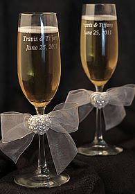 Rhinestone Pearlized Heart Rose Bouquet Wedding Toasting Glasses